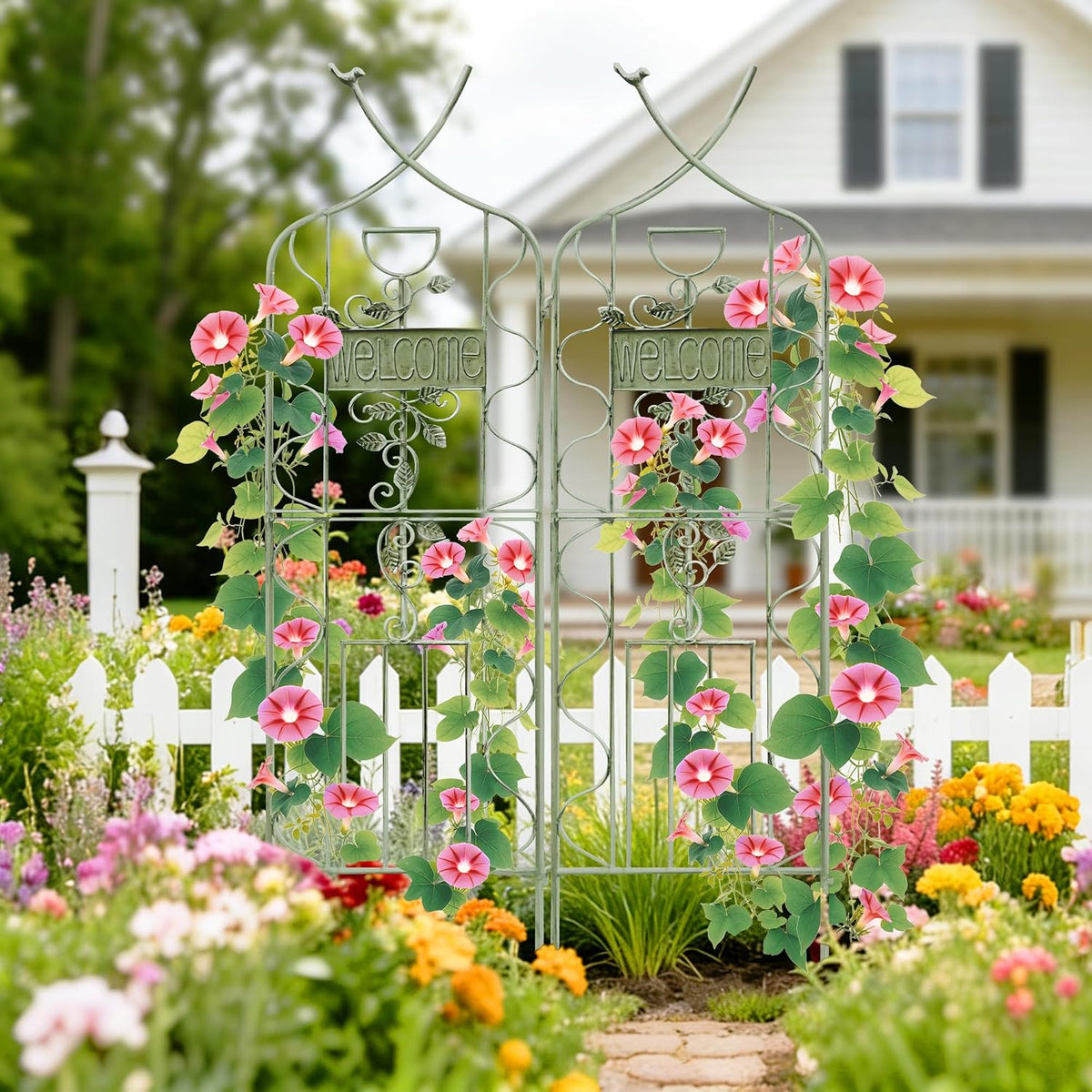 LZRS 71 x 80in Rustic Iron Arch Decoration Garden Trellis with Black Metal Coating – Perfect for Supporting Climbing Plants Outdoor, Roses, Vines, Flowers, and Vegetables.