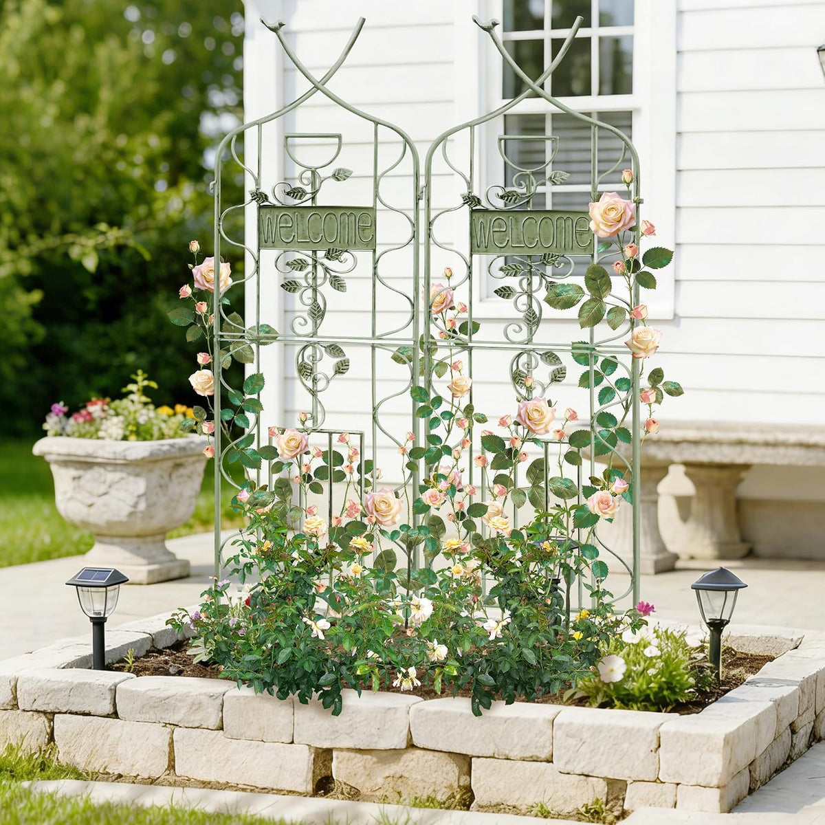 LZRS 71 x 80in Rustic Iron Arch Decoration Garden Trellis with Black Metal Coating – Perfect for Supporting Climbing Plants Outdoor, Roses, Vines, Flowers, and Vegetables.