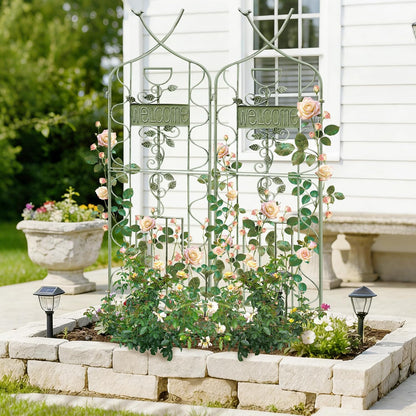 LZRS 71 x 80in Rustic Iron Arch Decoration Garden Trellis with Black Metal Coating – Perfect for Supporting Climbing Plants Outdoor, Roses, Vines, Flowers, and Vegetables.