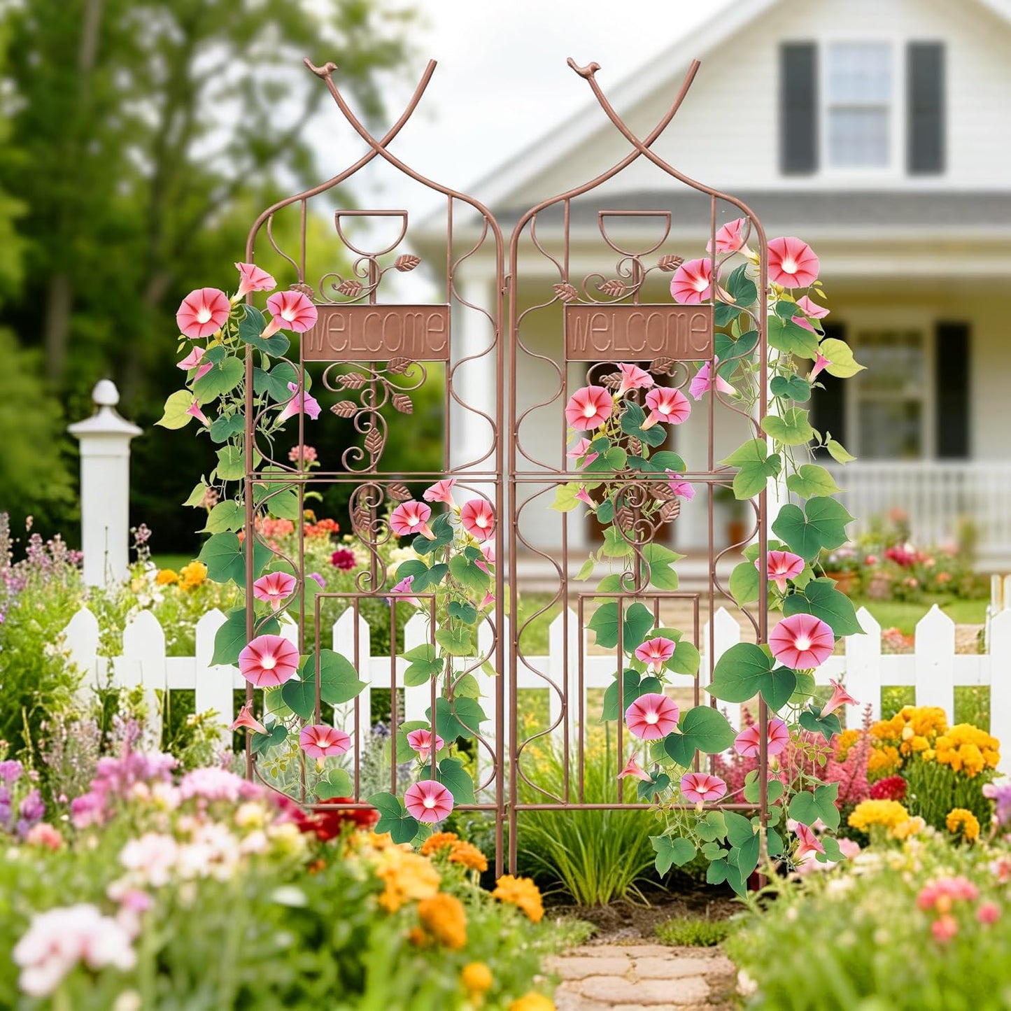 LZRS 71 x 80in Rustic Iron Arch Decoration Garden Trellis with Black Metal Coating – Perfect for Supporting Climbing Plants Outdoor, Roses, Vines, Flowers, and Vegetables.