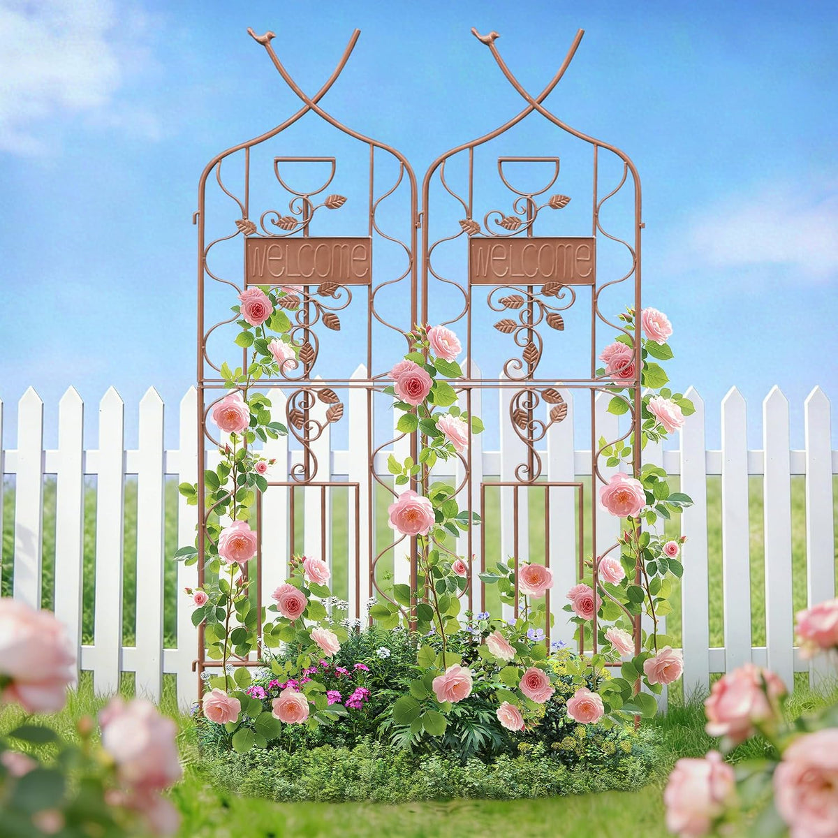 LZRS 71 x 80in Rustic Iron Arch Decoration Garden Trellis with Black Metal Coating – Perfect for Supporting Climbing Plants Outdoor, Roses, Vines, Flowers, and Vegetables.