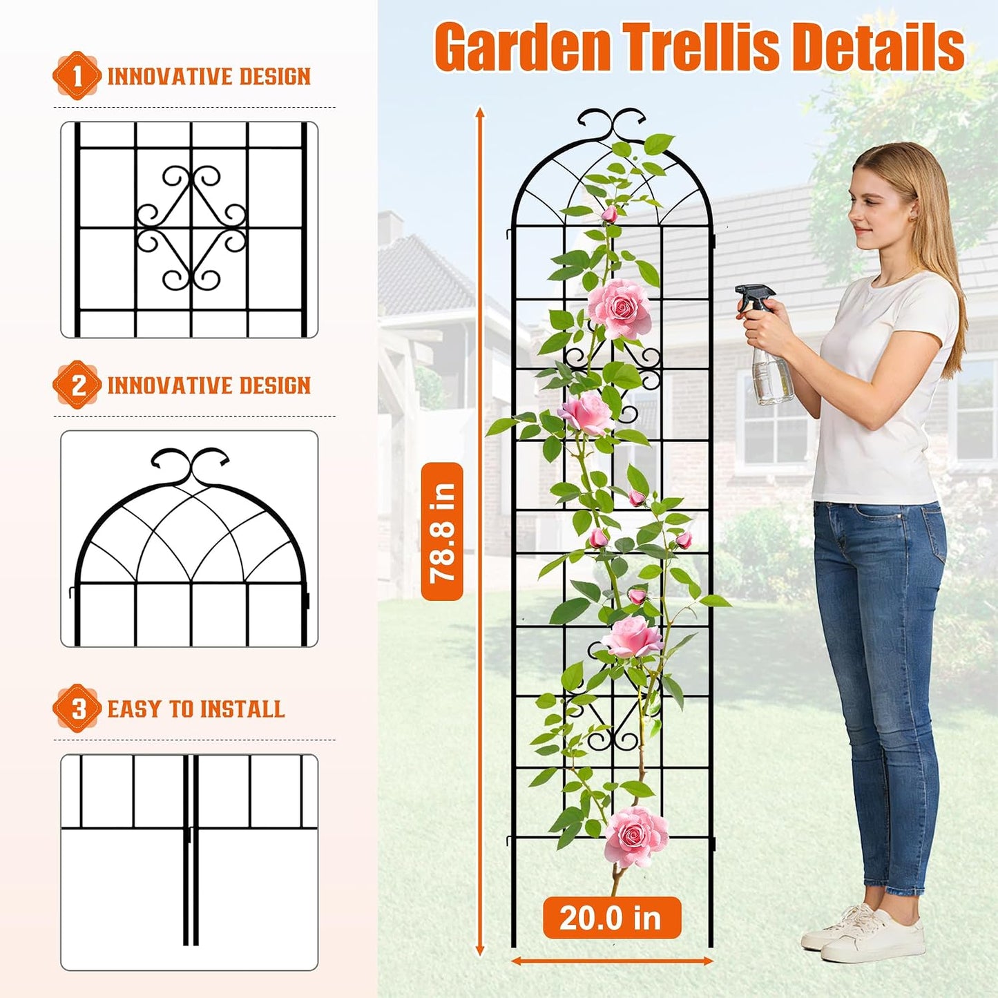 LZRS 71 x 80in Rustic Iron Arch Decoration Garden Trellis with Black Metal Coating – Perfect for Supporting Climbing Plants Outdoor, Roses, Vines, Flowers, and Vegetables.