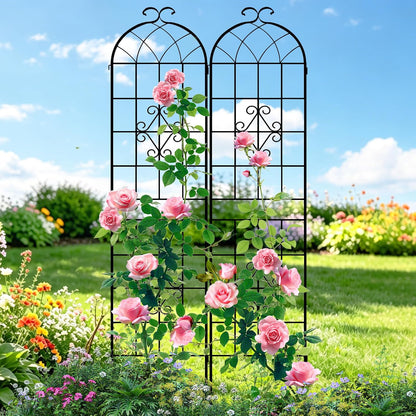 LZRS 71 x 80in Rustic Iron Arch Decoration Garden Trellis with Black Metal Coating – Perfect for Supporting Climbing Plants Outdoor, Roses, Vines, Flowers, and Vegetables.