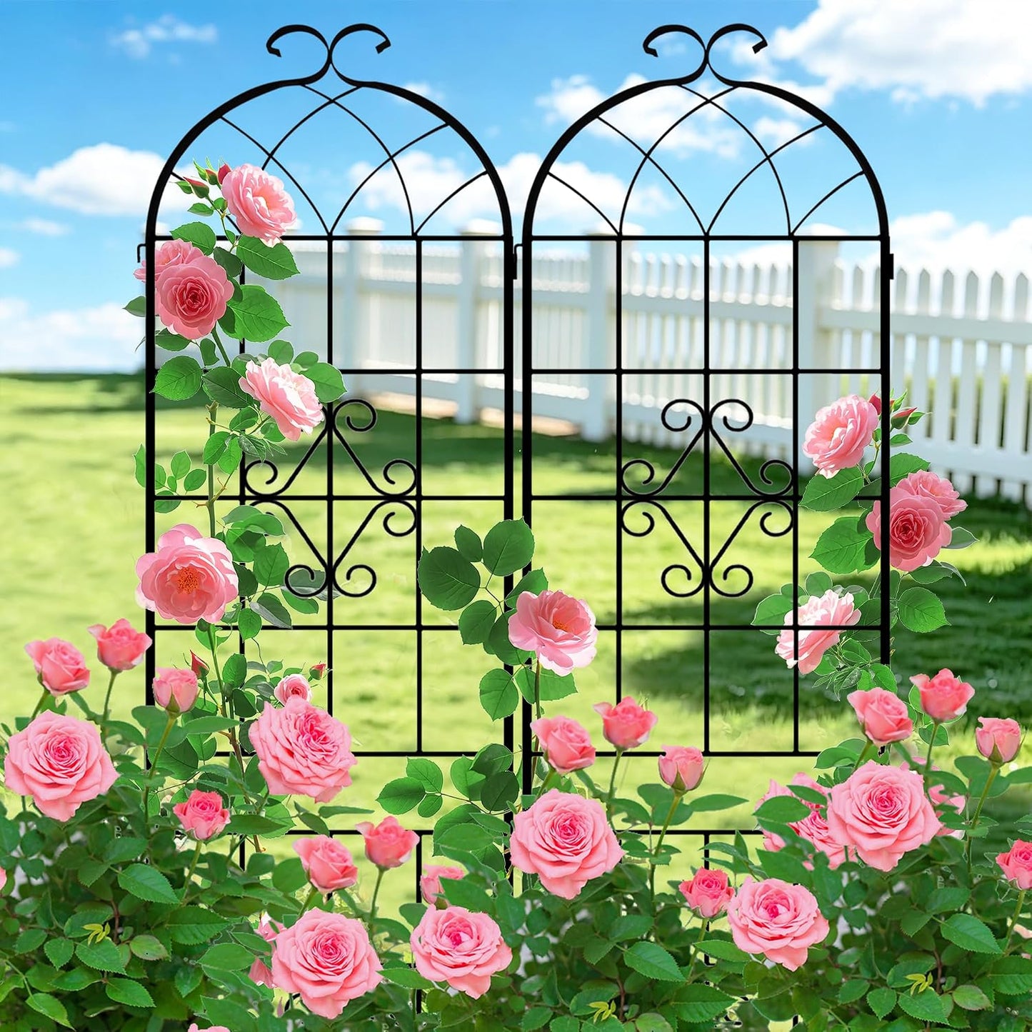 LZRS 71 x 80in Rustic Iron Arch Decoration Garden Trellis with Black Metal Coating – Perfect for Supporting Climbing Plants Outdoor, Roses, Vines, Flowers, and Vegetables.