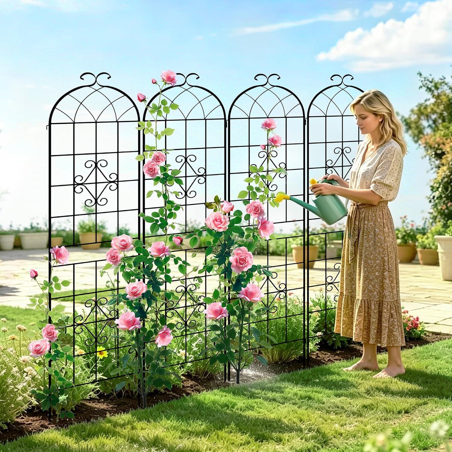 LZRS 71 x 80in Rustic Iron Arch Decoration Garden Trellis with Black Metal Coating – Perfect for Supporting Climbing Plants Outdoor, Roses, Vines, Flowers, and Vegetables.