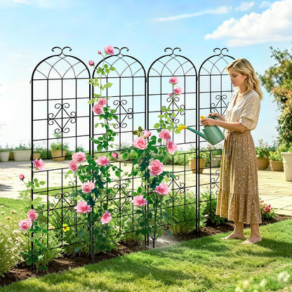 LZRS 71 x 80in Rustic Iron Arch Decoration Garden Trellis with Black Metal Coating – Perfect for Supporting Climbing Plants Outdoor, Roses, Vines, Flowers, and Vegetables.