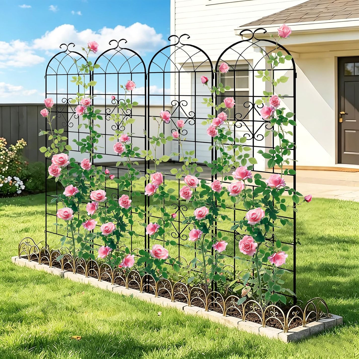 LZRS 71 x 80in Rustic Iron Arch Decoration Garden Trellis with Black Metal Coating – Perfect for Supporting Climbing Plants Outdoor, Roses, Vines, Flowers, and Vegetables.