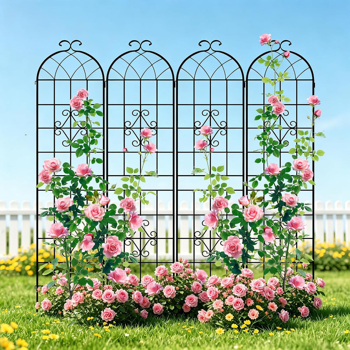 LZRS 71 x 80in Rustic Iron Arch Decoration Garden Trellis with Black Metal Coating – Perfect for Supporting Climbing Plants Outdoor, Roses, Vines, Flowers, and Vegetables.