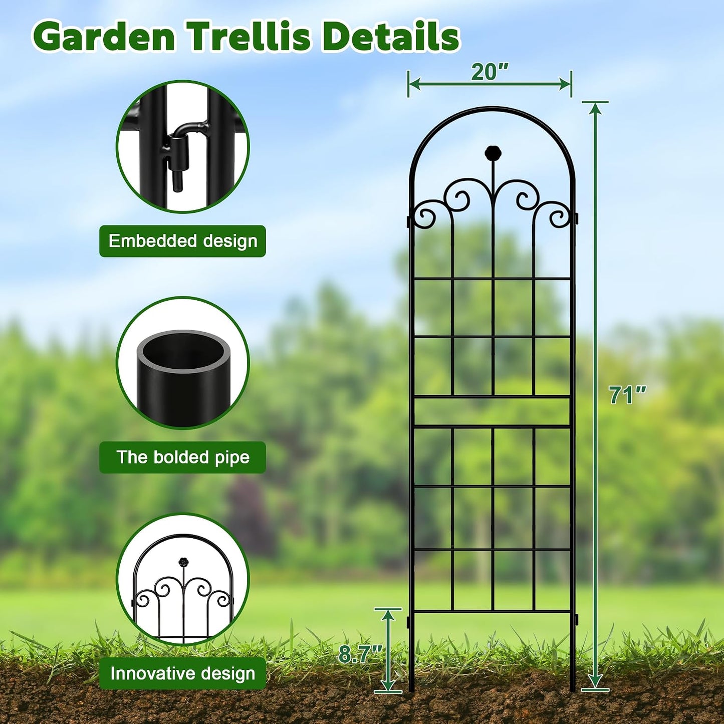 LZRS 71 x 80in Rustic Iron Arch Decoration Garden Trellis with Black Metal Coating – Perfect for Supporting Climbing Plants Outdoor, Roses, Vines, Flowers, and Vegetables.
