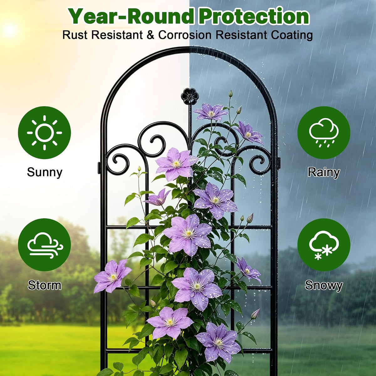 LZRS 71 x 80in Rustic Iron Arch Decoration Garden Trellis with Black Metal Coating – Perfect for Supporting Climbing Plants Outdoor, Roses, Vines, Flowers, and Vegetables.