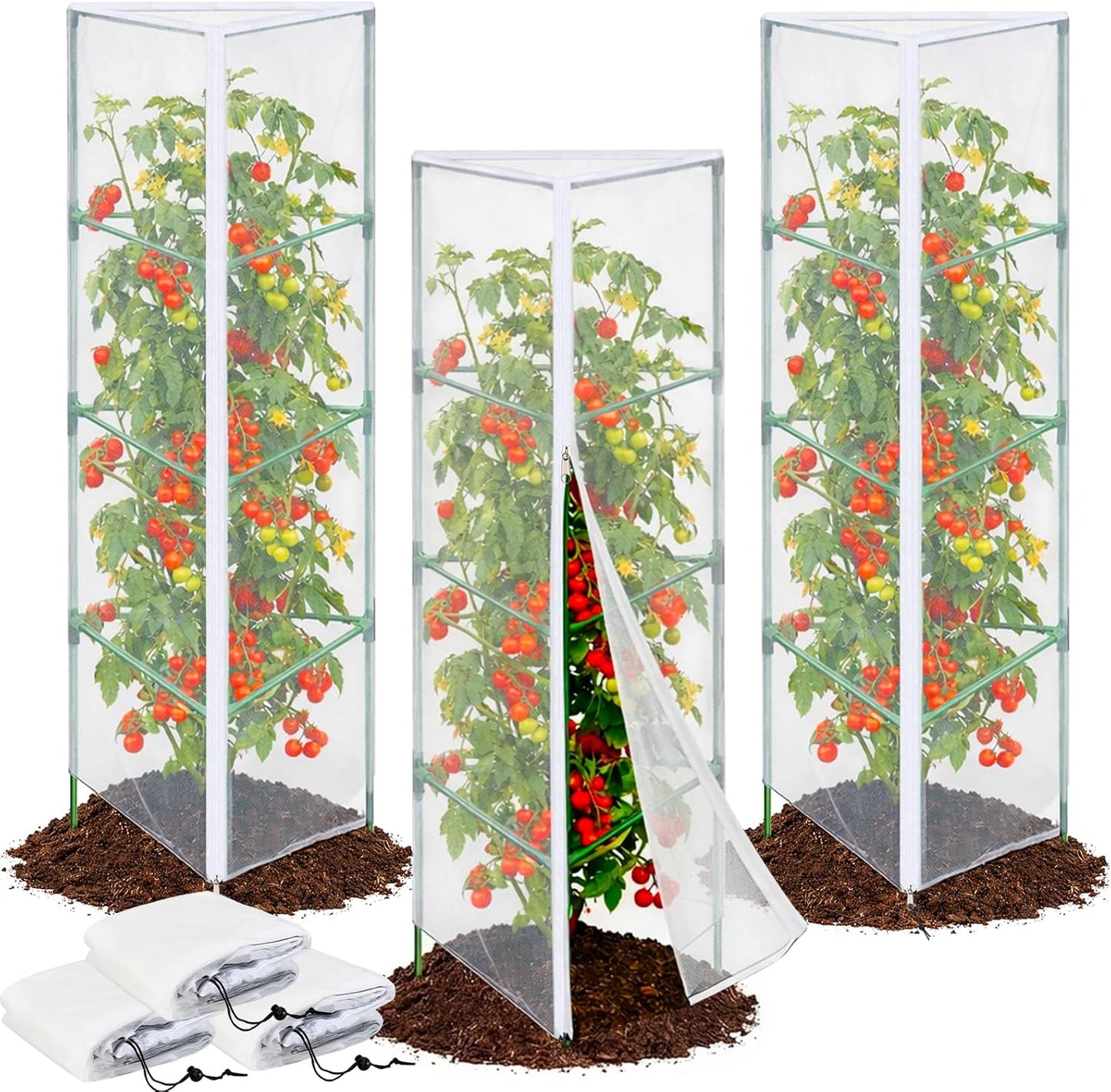 3PCS Garden Bird Netting for Triangle Tomato Cage with Zipper & Drawstring