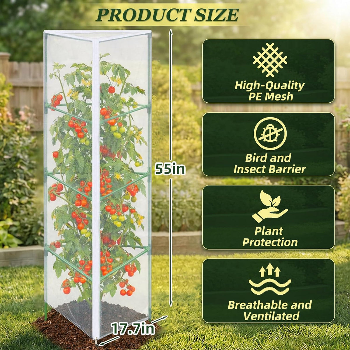 3PCS Garden Bird Netting for Triangle Tomato Cage with Zipper & Drawstring