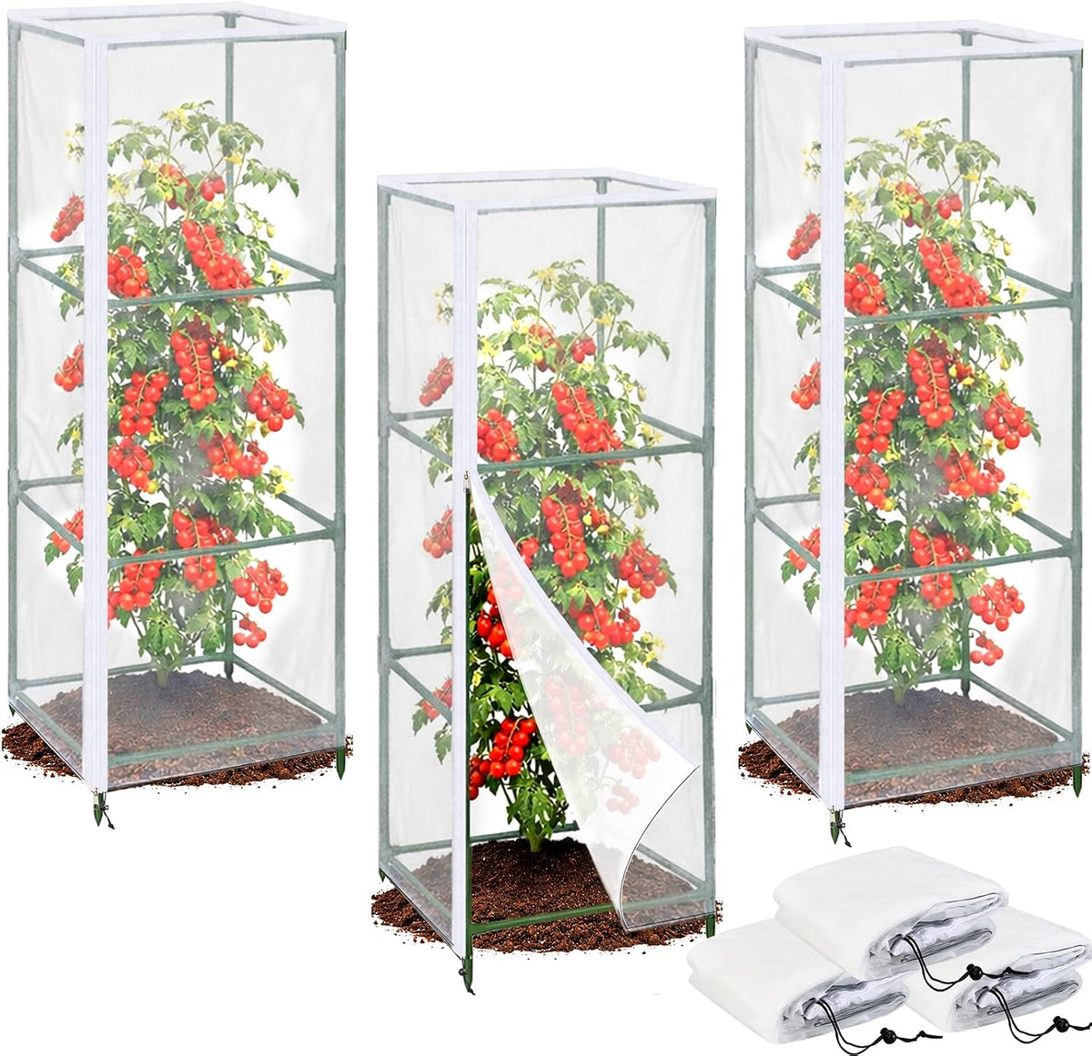 3PCS Garden Bird Netting for Triangle Tomato Cage with Zipper & Drawstring