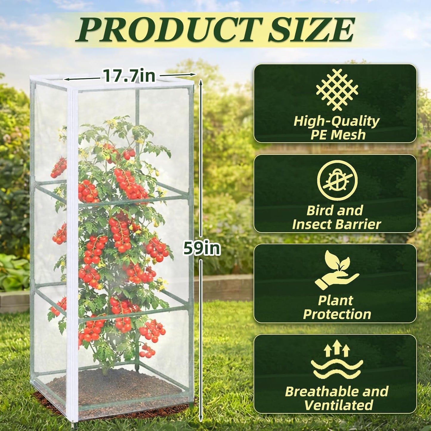 3PCS Garden Bird Netting for Triangle Tomato Cage with Zipper & Drawstring