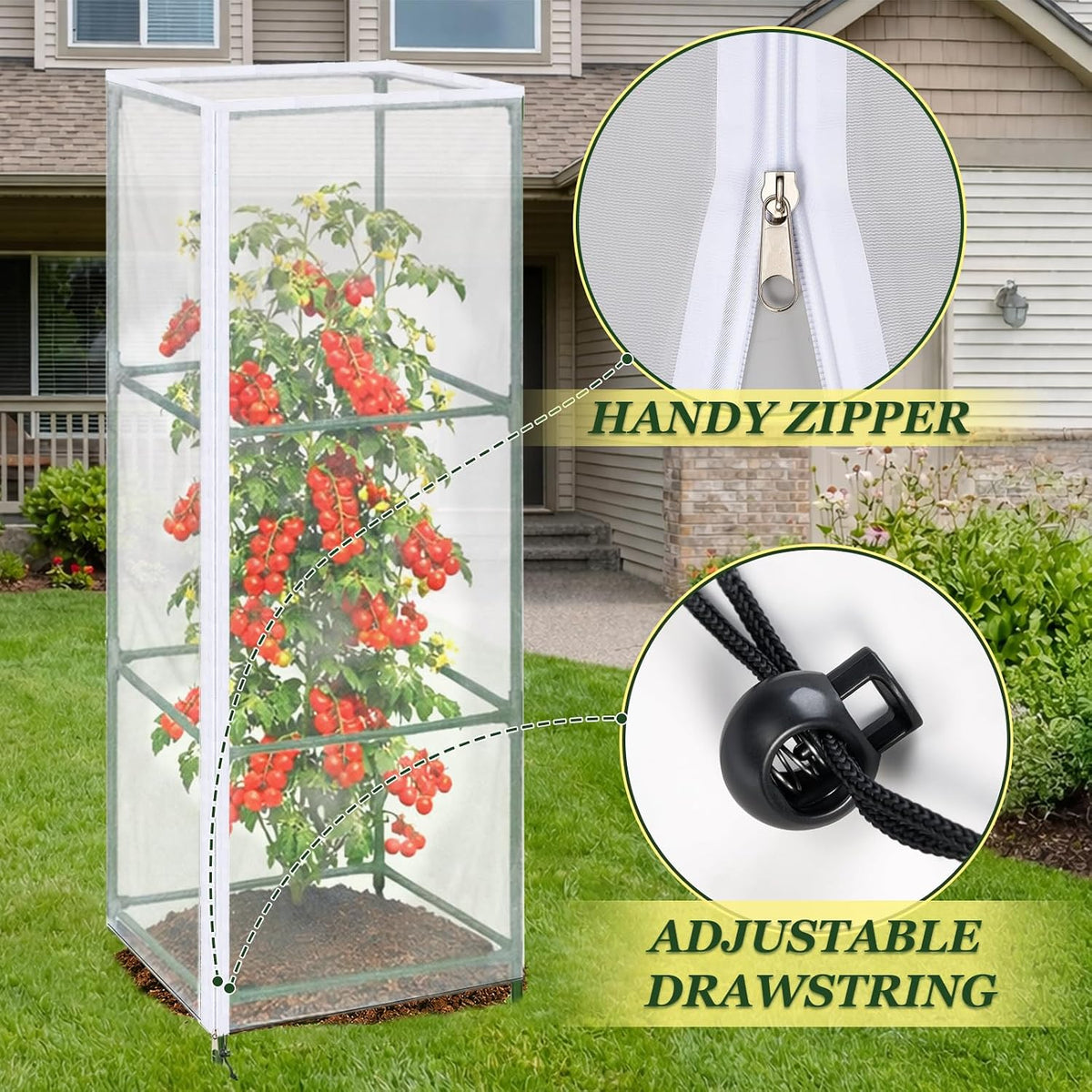 3PCS Garden Bird Netting for Triangle Tomato Cage with Zipper & Drawstring