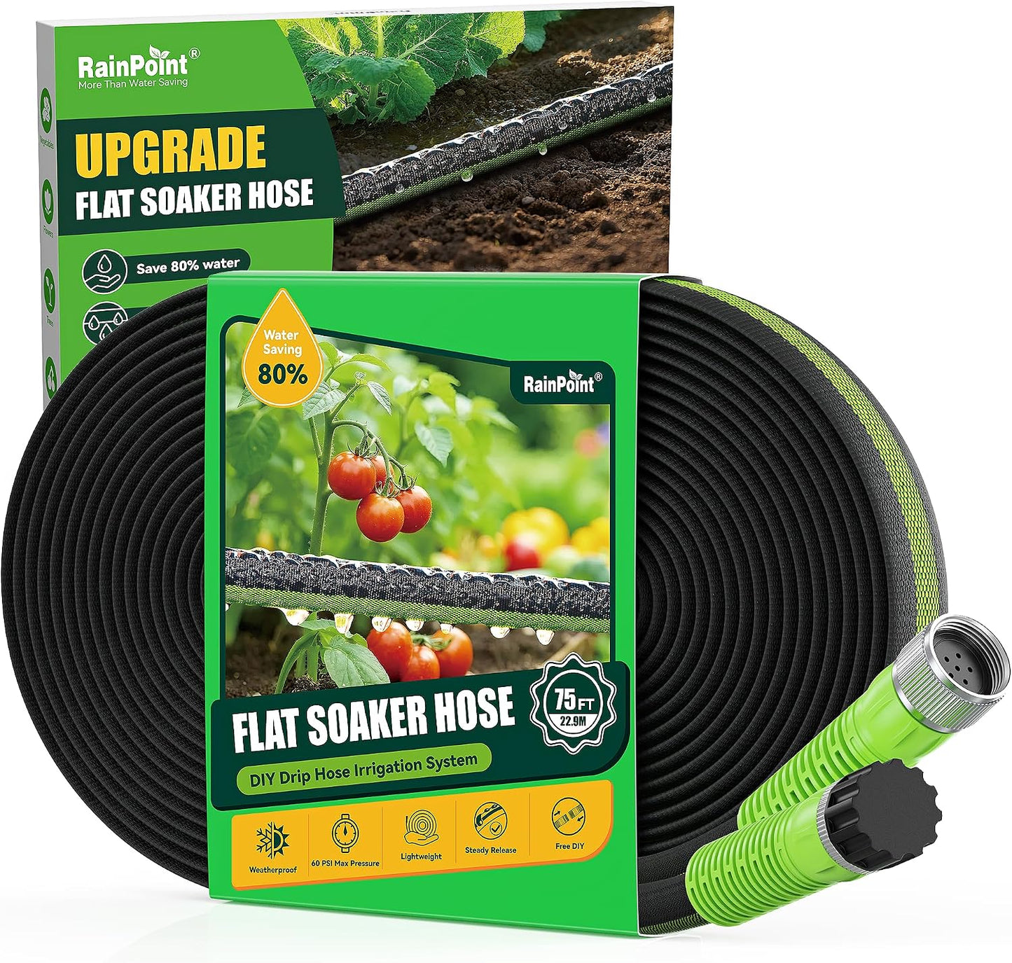 Soaker Hose 25FT, 80% Water-Saving Flat Drip Hose, Leakproof and Flexible with Anodized Aluminum Ends, Double Layer Gardening Irrigation Hoses for Gardens, Vegetables and Trees, Green