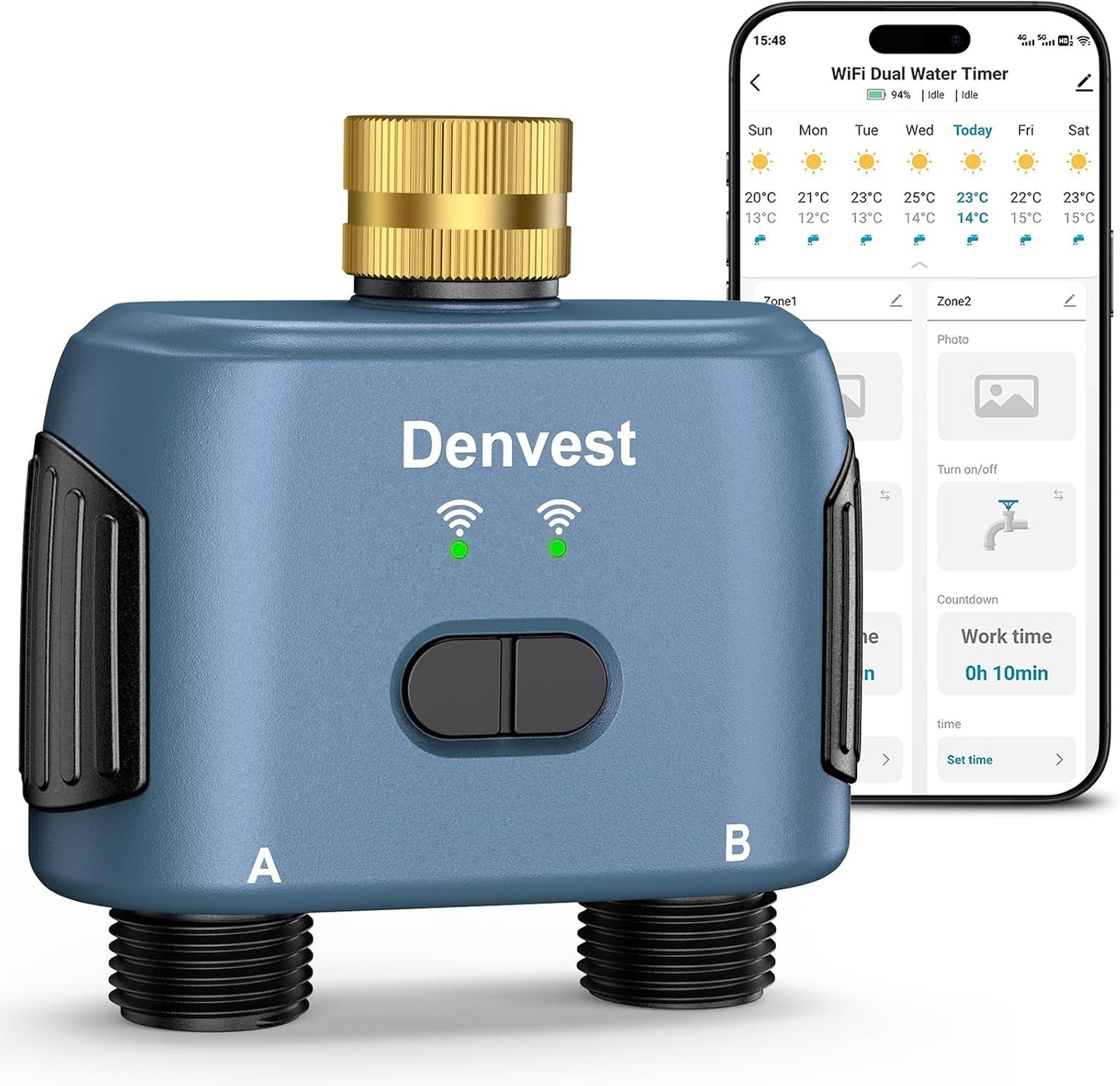 WiFi Water Timer for Garden Hose with Brass Inlet,Smart Hose Timer with WiFi Hub, APP & Voice Control,Up to 20 Watering Plans, 2-Zone Sprinkler Drip Irrigation System Controller for Yard Lawn Watering