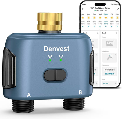 WiFi Water Timer for Garden Hose with Brass Inlet,Smart Hose Timer with WiFi Hub, APP & Voice Control,Up to 20 Watering Plans, 2-Zone Sprinkler Drip Irrigation System Controller for Yard Lawn Watering