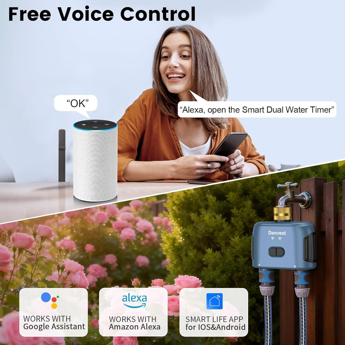 WiFi Water Timer for Garden Hose with Brass Inlet,Smart Hose Timer with WiFi Hub, APP & Voice Control,Up to 20 Watering Plans, 2-Zone Sprinkler Drip Irrigation System Controller for Yard Lawn Watering