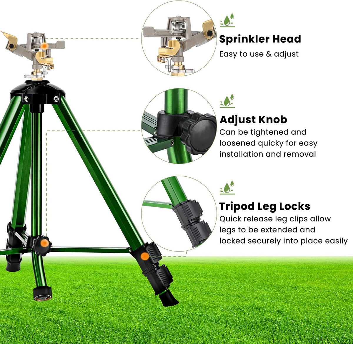 Sprinklers for Yard, 360° Tripod Sprinklers for Yard Large Area, 3/4" Connector Lawn Sprinkler, Adjustable Height 16-37”, Water Sprinkler for Lawn/Garden/Patio, 1Pack