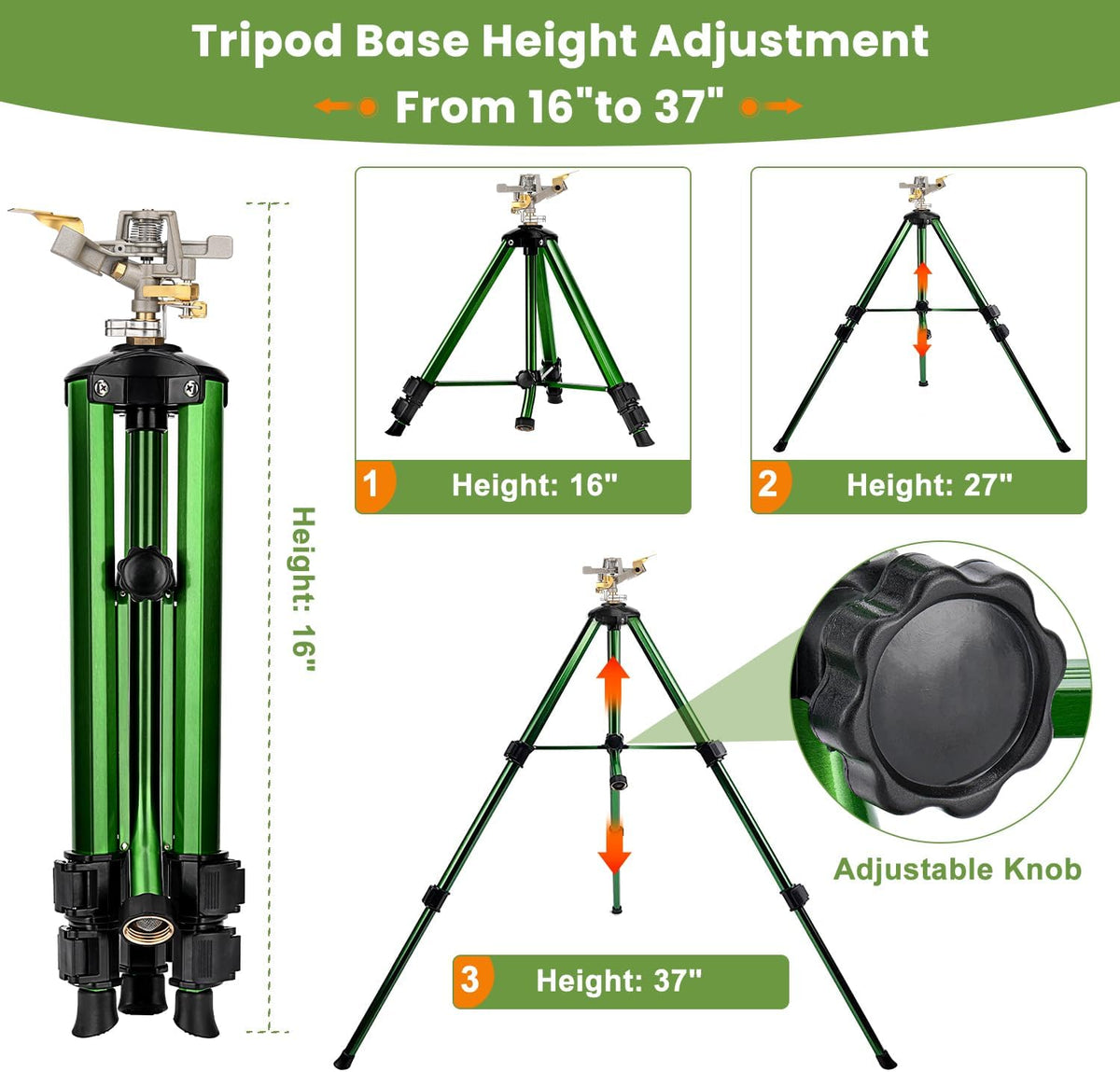 Sprinklers for Yard, 360° Tripod Sprinklers for Yard Large Area, 3/4" Connector Lawn Sprinkler, Adjustable Height 16-37”, Water Sprinkler for Lawn/Garden/Patio, 1Pack