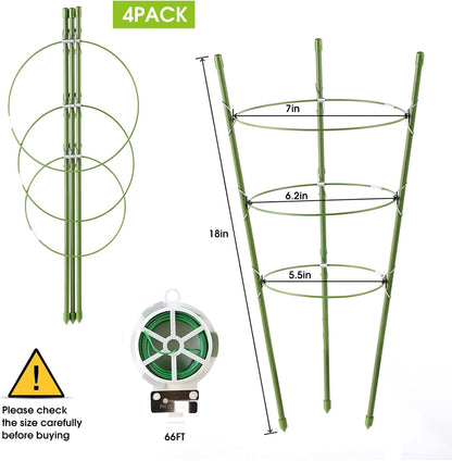 4 Pack Tomato Cage Plant Support Cages for Garden, 18 inches Trellis for Climbing Plants, Upgrade Garden Plant Stakes with Adjustable Ring, Tomato Rings for Support, with Twist Tie