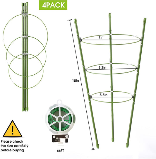 4 Pack Tomato Cage Plant Support Cages for Garden, 18 inches Trellis for Climbing Plants, Upgrade Garden Plant Stakes with Adjustable Ring, Tomato Rings for Support, with Twist Tie