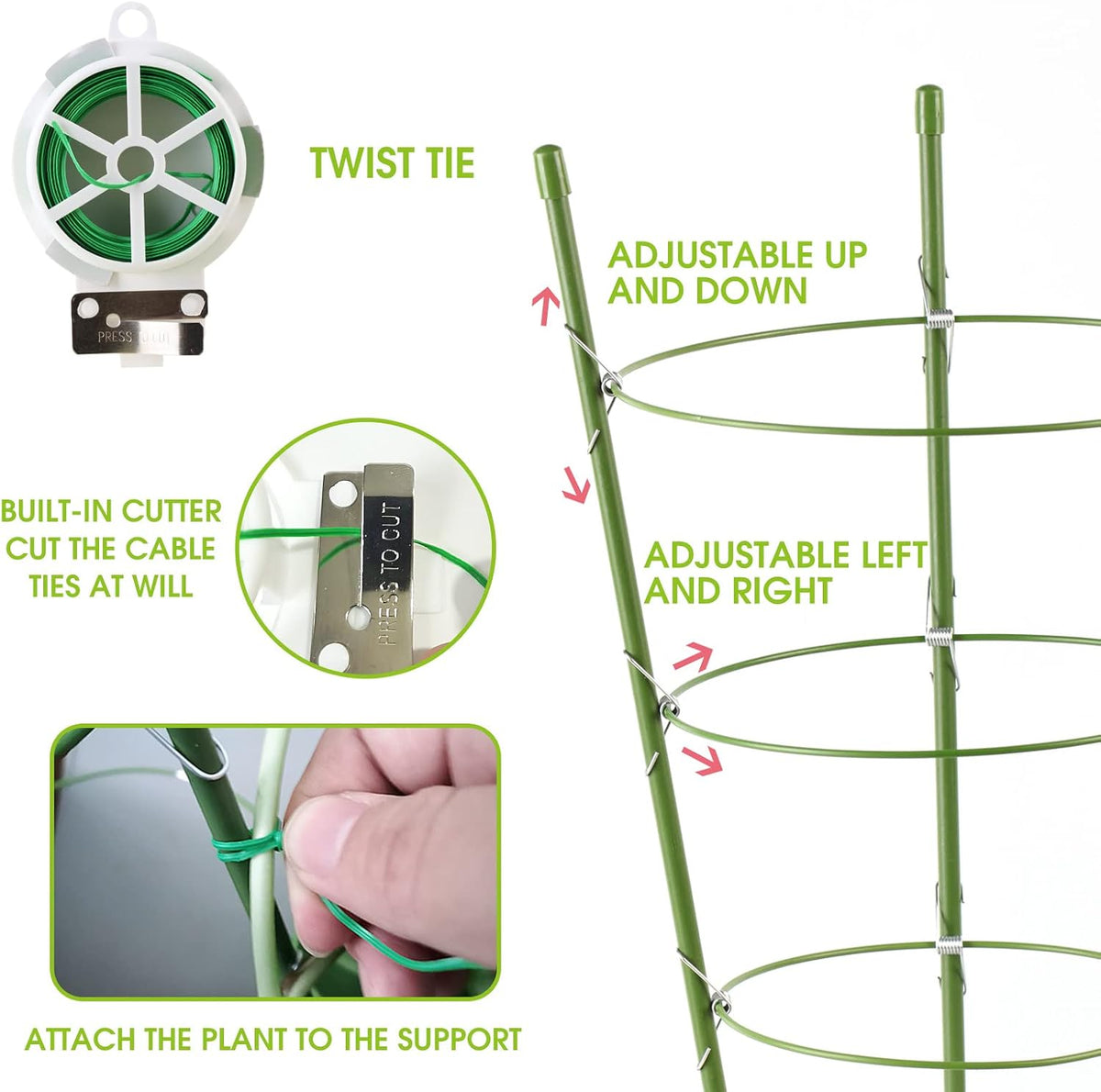 4 Pack Tomato Cage Plant Support Cages for Garden, 18 inches Trellis for Climbing Plants, Upgrade Garden Plant Stakes with Adjustable Ring, Tomato Rings for Support, with Twist Tie