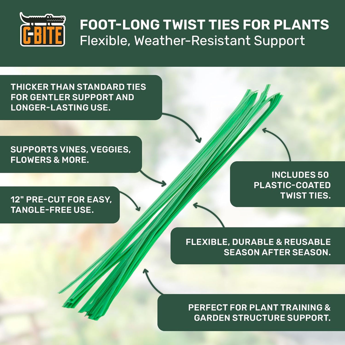 12-Inch Plant Ties | Heavy Duty Flexible Twist Ties for Gardening | Secure Tomatoes, Vines, and Branches | Durable and Reusable Gardening Ties (50 Pack - Green)