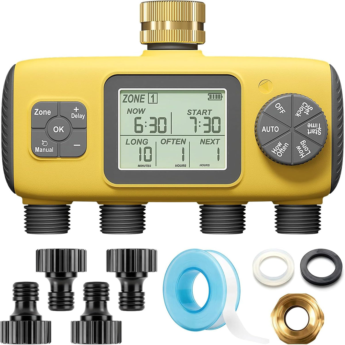 4 Zone Sprinkler Timer with Brass Inlet, Water Timer for Garden Hose