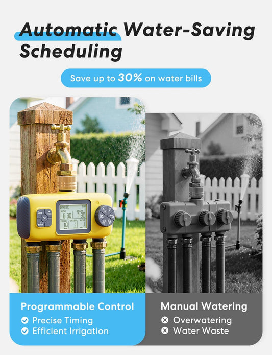 4 Zone Sprinkler Timer with Brass Inlet, Water Timer for Garden Hose