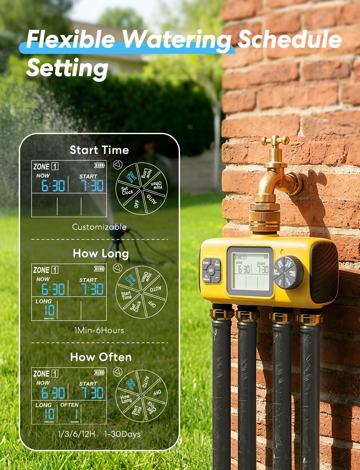4 Zone Sprinkler Timer with Brass Inlet, Water Timer for Garden Hose
