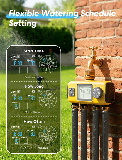 4 Zone Sprinkler Timer with Brass Inlet, Water Timer for Garden Hose