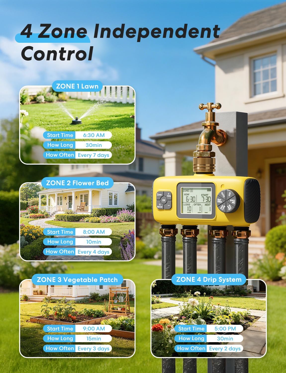 4 Zone Sprinkler Timer with Brass Inlet, Water Timer for Garden Hose