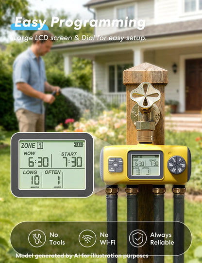 4 Zone Sprinkler Timer with Brass Inlet, Water Timer for Garden Hose