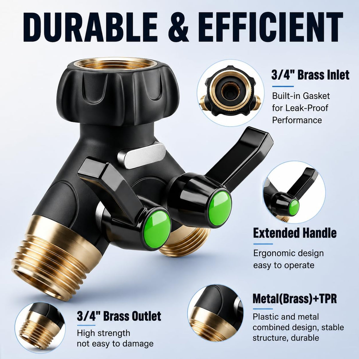 Garden Hose Splitter 2 Way Heavy Duty with Shut Off Valves,3/4" GHT