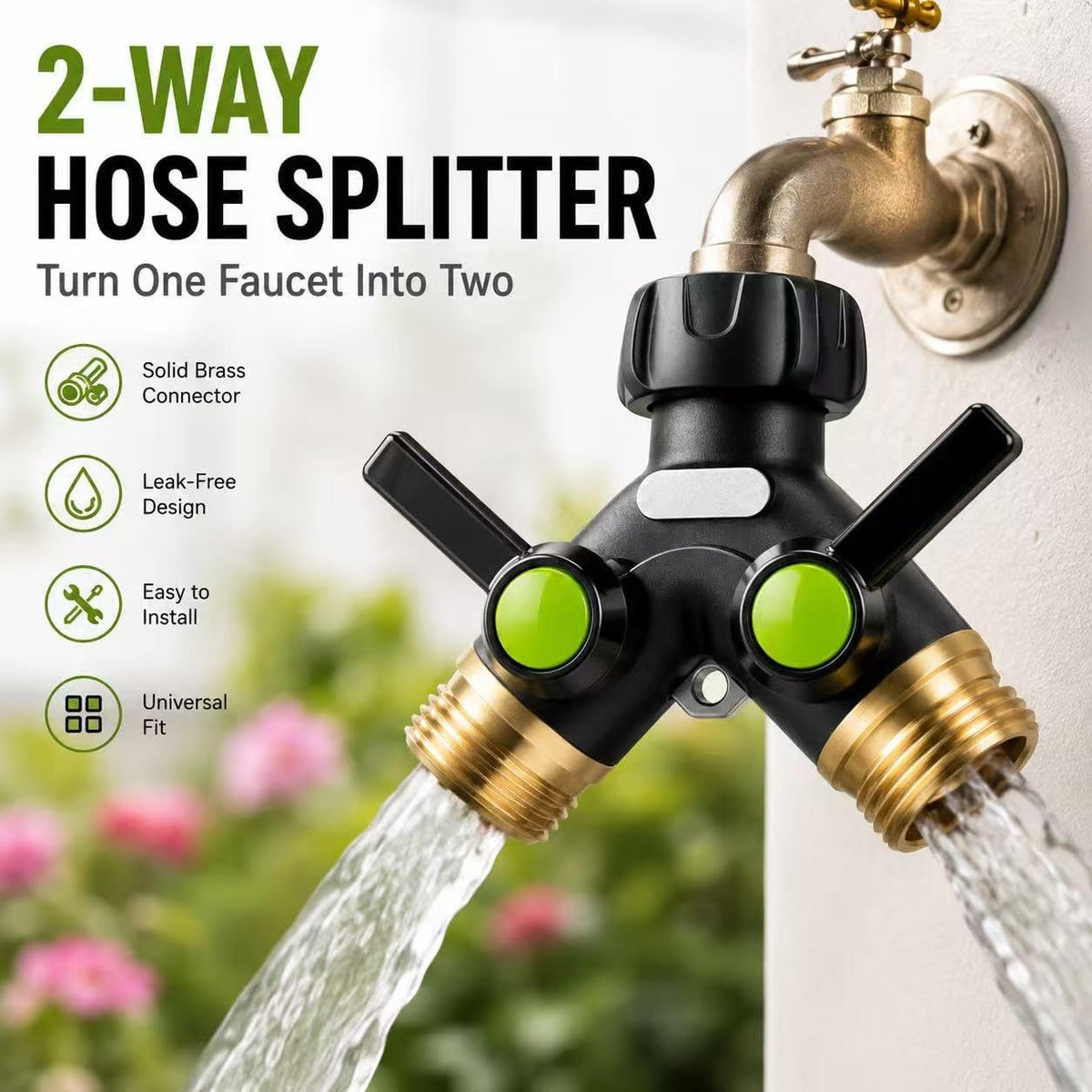 Garden Hose Splitter 2 Way Heavy Duty with Shut Off Valves,3/4" GHT