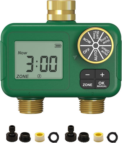 2 Zone Water Timer, Brass Fittings, Rain Delay, No Wi-Fi Required
