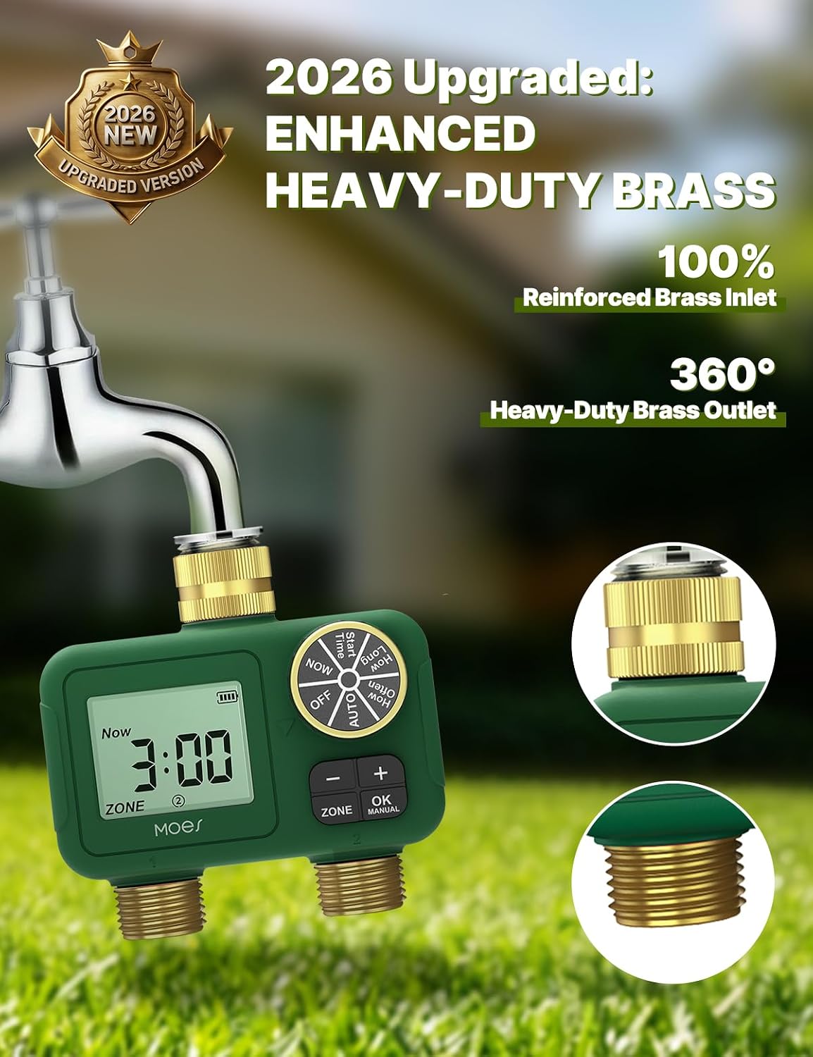 2 Zone Water Timer, Brass Fittings, Rain Delay, No Wi-Fi Required