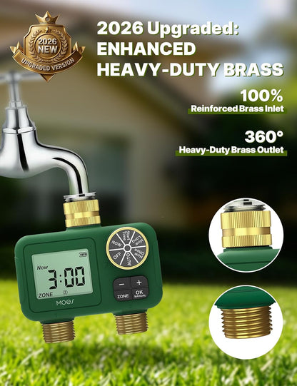2 Zone Water Timer, Brass Fittings, Rain Delay, No Wi-Fi Required