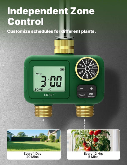 2 Zone Water Timer, Brass Fittings, Rain Delay, No Wi-Fi Required