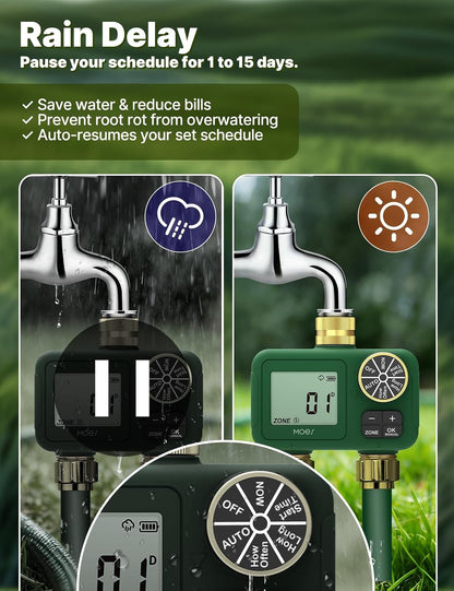 2 Zone Water Timer, Brass Fittings, Rain Delay, No Wi-Fi Required
