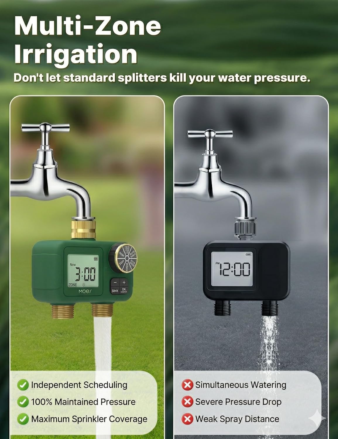 2 Zone Water Timer, Brass Fittings, Rain Delay, No Wi-Fi Required