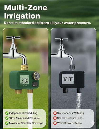 2 Zone Water Timer, Brass Fittings, Rain Delay, No Wi-Fi Required