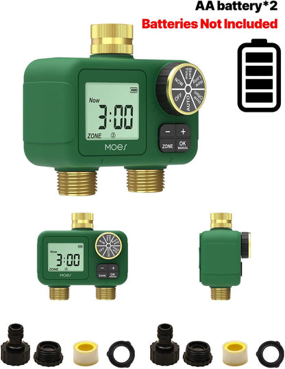 2 Zone Water Timer, Brass Fittings, Rain Delay, No Wi-Fi Required
