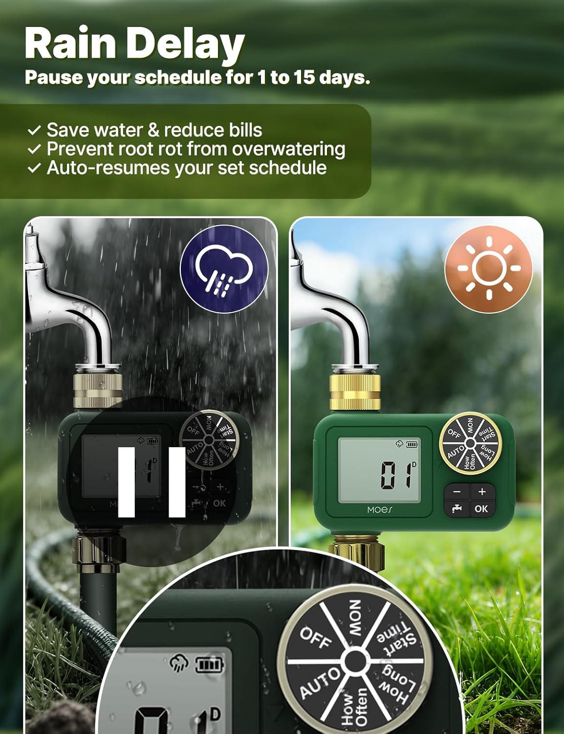 2 Zone Water Timer, Brass Fittings, Rain Delay, No Wi-Fi Required