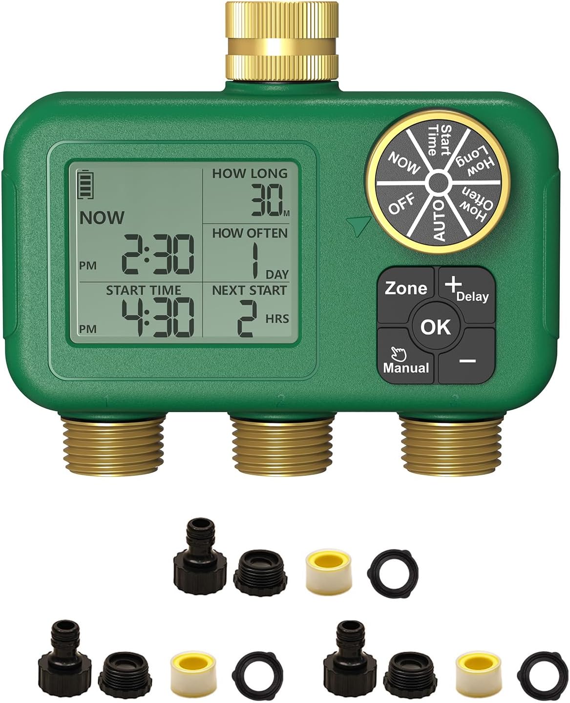 2 Zone Water Timer, Brass Fittings, Rain Delay, No Wi-Fi Required