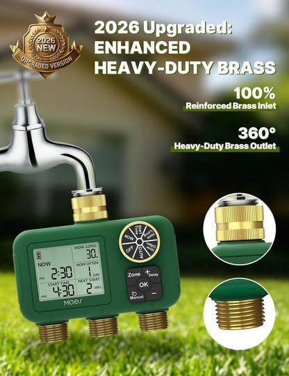 2 Zone Water Timer, Brass Fittings, Rain Delay, No Wi-Fi Required