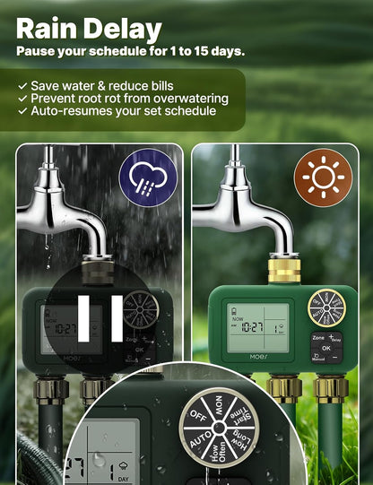 2 Zone Water Timer, Brass Fittings, Rain Delay, No Wi-Fi Required