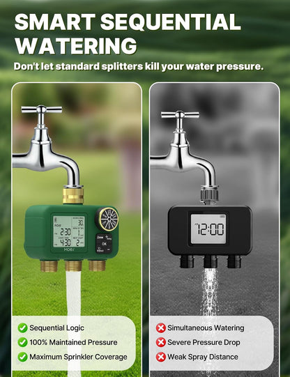 2 Zone Water Timer, Brass Fittings, Rain Delay, No Wi-Fi Required